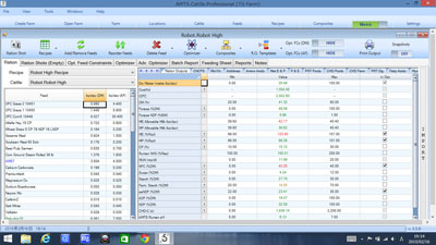 「AMTS.Cattle.Pro」の栄養設計画面